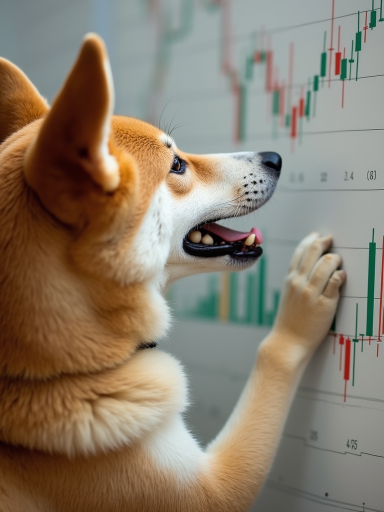 Shiba Inu looking at a trading chart. Dog has a curious expression as it watches the green financial data. The chart shows various trading indicators. Dog has soft fur and alert ears. Background is a stylized trading scene.