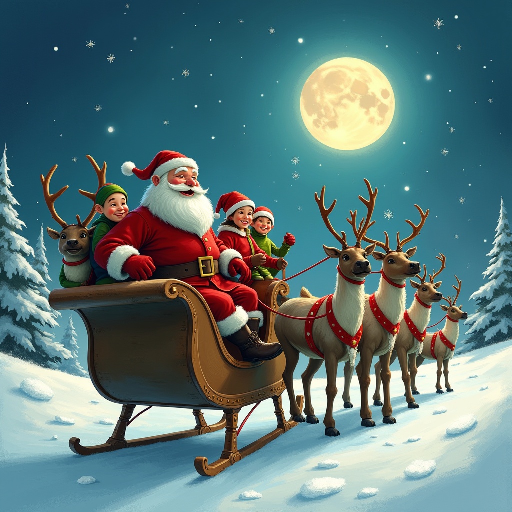 Santa leads a sleigh with five elves and reindeer in a snowy forest under a bright moon. The scene is cheerful and festive. Bright colors create a joyful atmosphere. Elves are happily sitting in the sleigh. Sleigh is ornately decorated with bells. Snow covers the ground and trees.