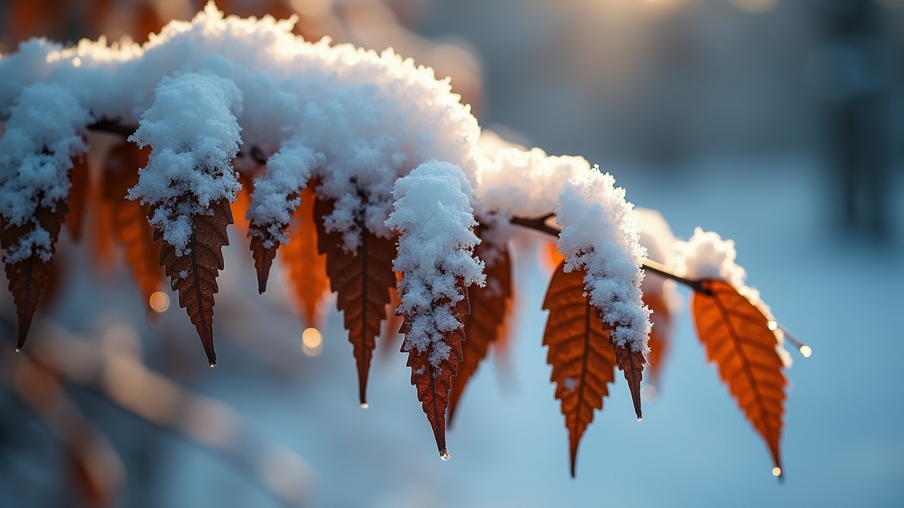 The image showcases a close-up view of dry leaves covered with a delicate layer of snow. The soft light enhances the warm brown hues of the leaves, contrasting beautifully with the white snow. In the background, light snow can be seen falling softly, creating a dreamy winter atmosphere. The focus on the leaves captures the intricate details, evoking a serene feeling of tranquility. Overall, the scene emphasizes the beauty of nature during winter, with a realistic film-like effect.