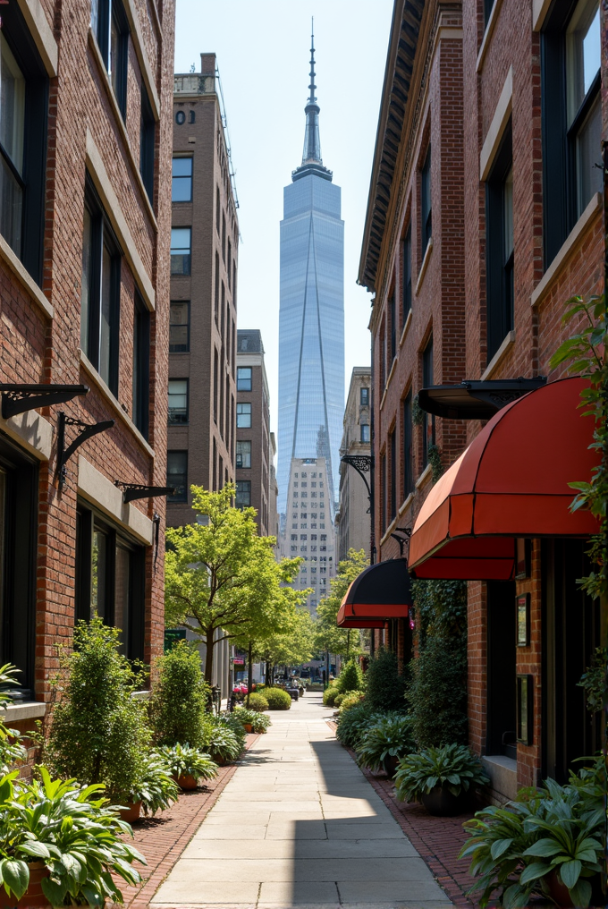 A modern skyscraper towers between historic brick buildings with a narrow pathway lined with plants and trees.