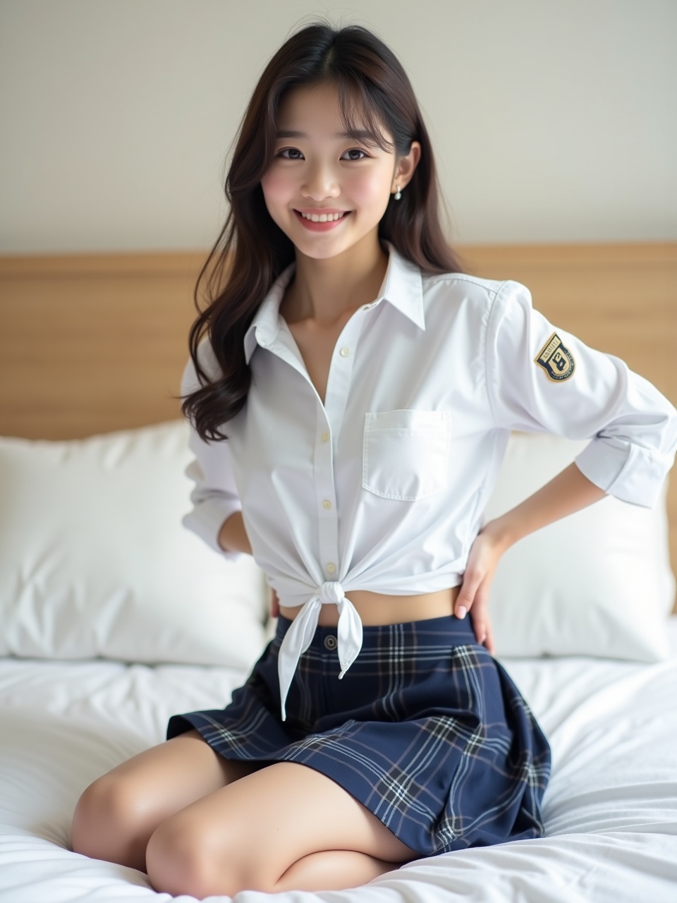 A young woman smiling on a bed, wearing a tied white blouse and plaid skirt, soft lighting, clean and minimalist background.