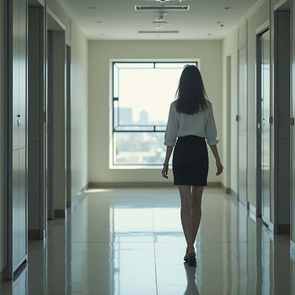 The image depicts a woman walking elegantly down a modern office hallway. She is dressed in a classic outfit consisting of a white blouse and a short black skirt. The focus is on her silhouette as she approaches a large window that lets in natural light. The hallway is spacious and well-lit, contributing to a modern and professional atmosphere. This image captures the essence of contemporary office life and the confidence of women in the workplace.