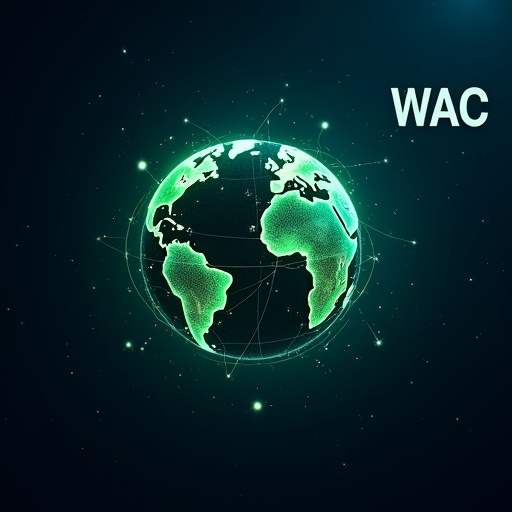 Dark blue starry background. Globe appears glowing and intact. Green glowing connection lines wrap around the globe. Symbolizes WAC's decentralized AI solutions. Overlay bold white text 'WAC' in top-right corner. Subtle green particles around the globe.