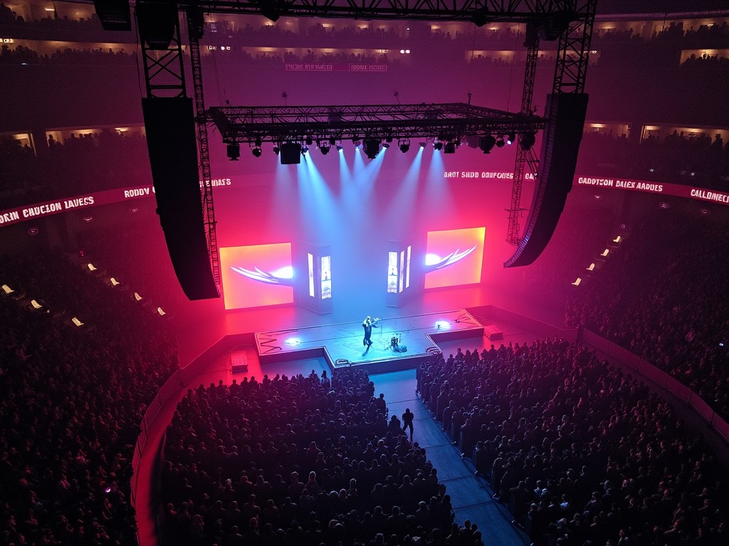 The image captures a lively concert scene featuring Roddy Ricch at Madison Square Garden. The stage is designed with a T-shaped runway, allowing the artist to engage with the audience. Bright, colorful lights create an energizing atmosphere, highlighting the large audience below. The aerial perspective showcases the venue's impressive layout and the vibrant energy of the performance. This captivating view emphasizes the connection between the performer and the fans during the concert.