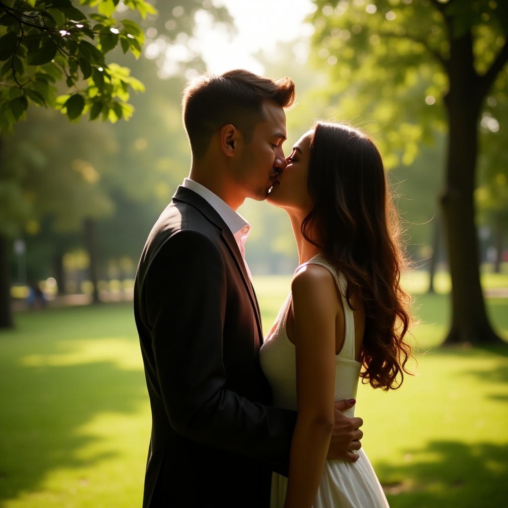 A couple is sharing a romantic kiss in a lush green park. The scene is illuminated by soft daylight, enhancing the intimate atmosphere. They stand closely together, exuding love and affection. The lush greenery around them adds to the peacefulness of the moment. This image showcases the beauty of romance in nature.