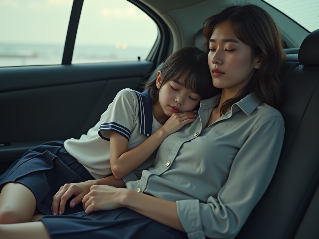 The image captures a serene moment as a young girl peacefully sleeps on the shoulder of a woman, presumably her mother, inside a car. Both are elegantly dressed in casual yet stylish attire, suggesting a comfortable and close relationship. The car's rear window reveals a blurred seaside background, adding a sense of calmness and tranquility to the atmosphere.