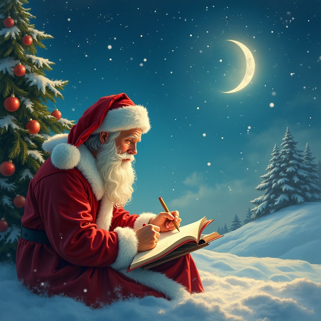 Father Christmas is sitting in the snow writing in a book. Christmas tree decorated with ornaments is in the background. The sky is dark with a glowing moon and stars. Snow is gently falling around him.