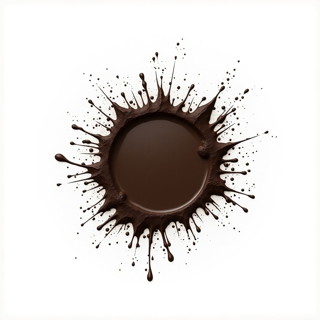 Deep dirt splattered on a white background. Dark liquid splashes outward from a central point.