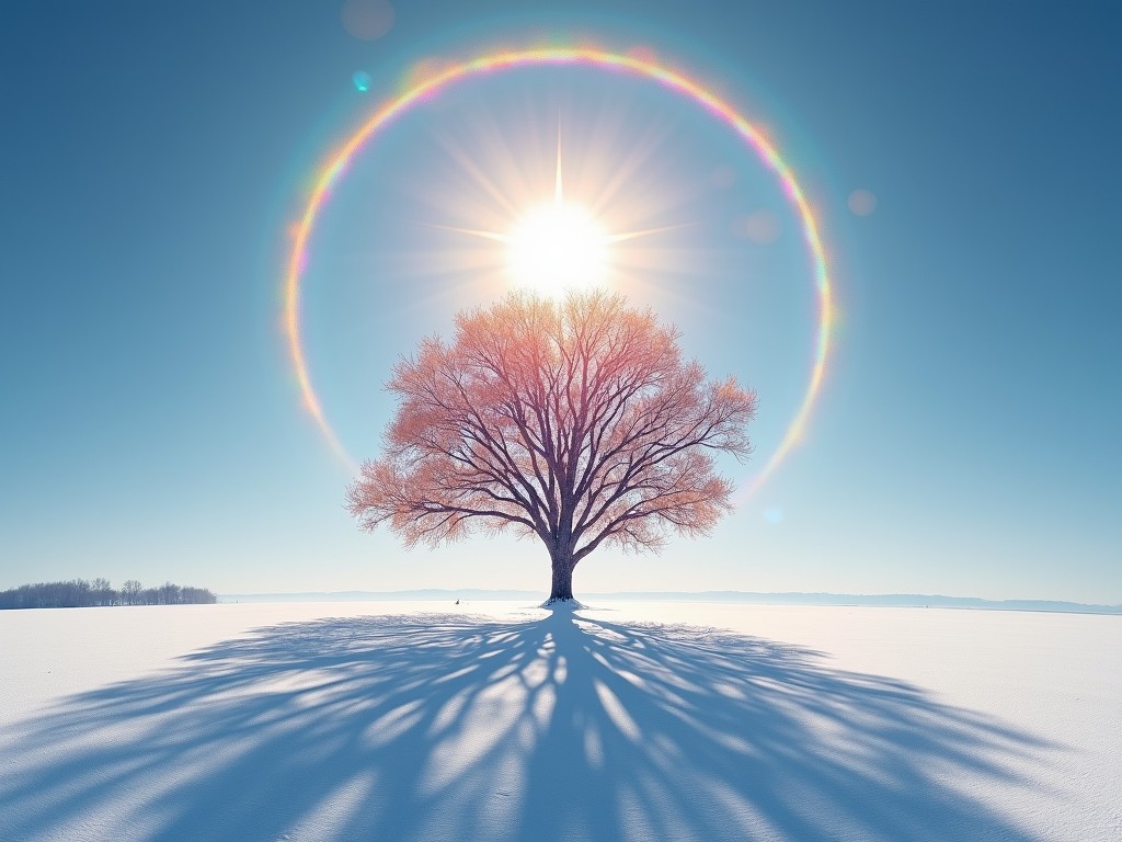 This image captures a solitary tree standing majestically in a snow-covered field under a clear, bright sky. The sun is positioned directly above the tree, creating a halo effect with a vivid display of colors. The long shadows cast by the tree add depth and symmetry to the scene, evoking a sense of tranquility and wonder.