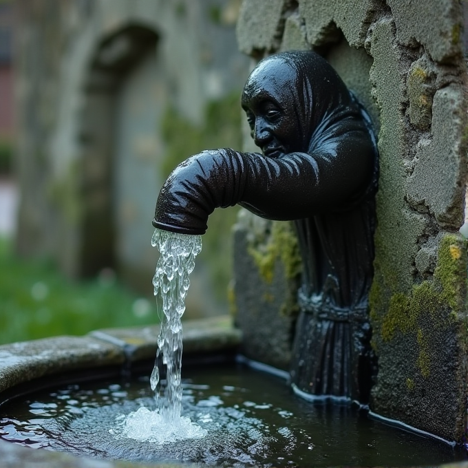 A sculptural fountain spout shaped like a hooded monk pours water into a basin below, set against a rustic stone backdrop with mossy accents.