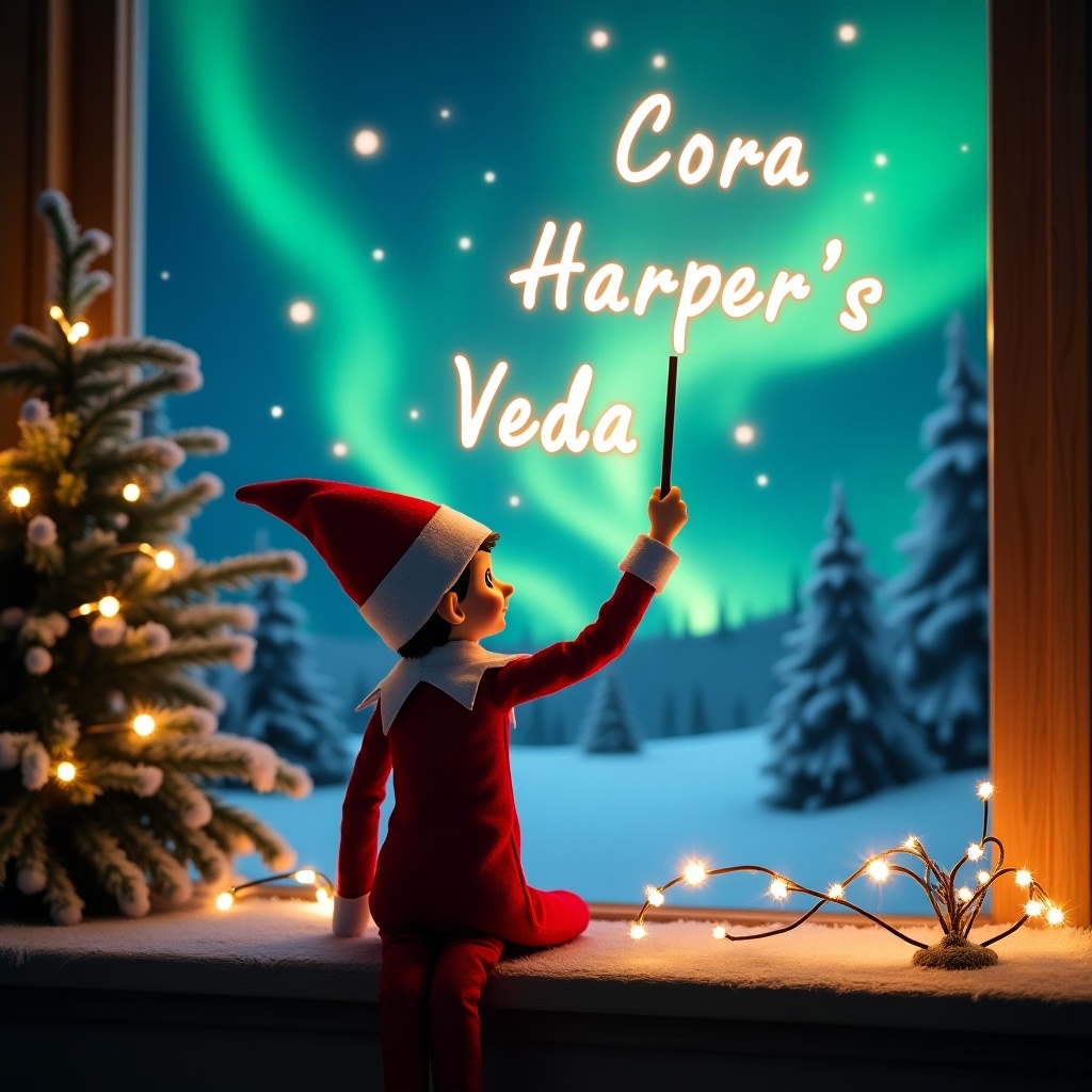 This enchanting Christmas scene features an elf on the shelf. The elf is wearing a cheerful red and white outfit and has its back turned to the viewer. With a magic wand in hand, it writes the names 'Cora', 'Harper', and 'Veda' in glowing letters above. The backdrop is filled with vibrant northern lights, creating an ethereal atmosphere. The entire scene radiates festive joy, capturing the whimsical spirit of the holiday season that is both magical and exciting.