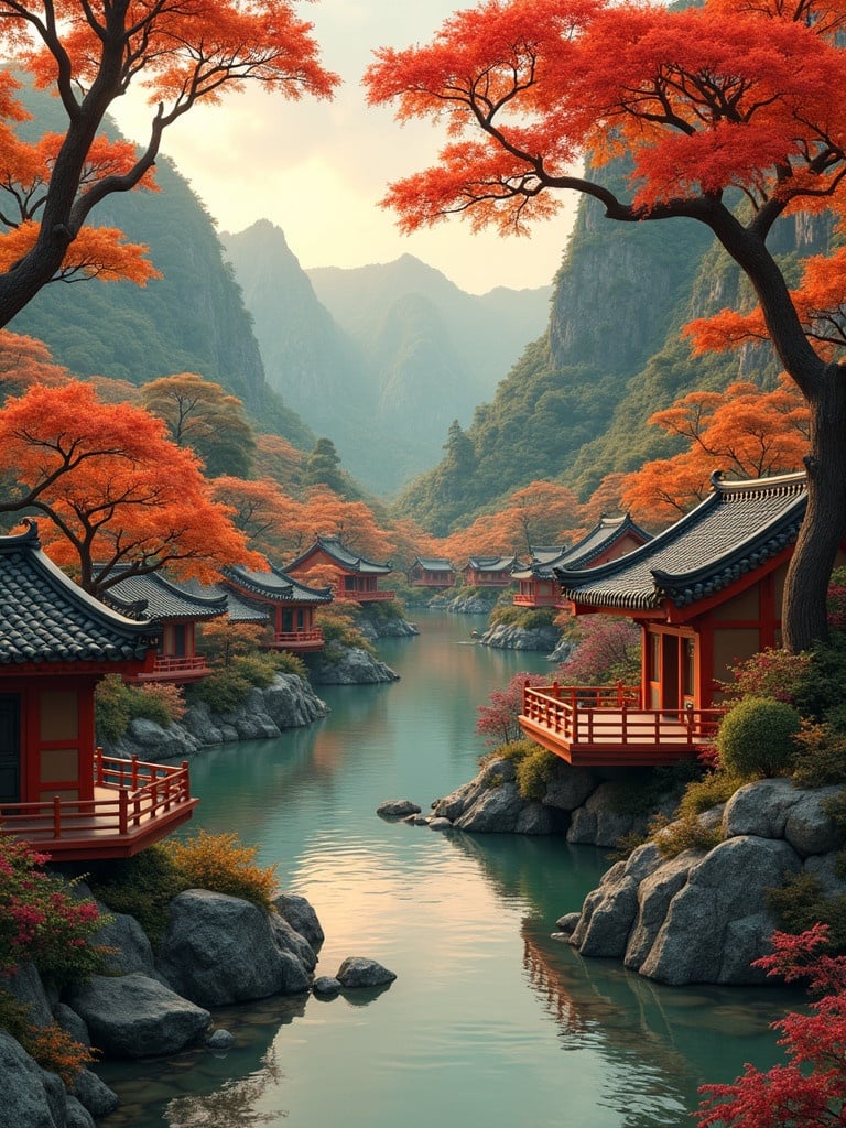 Scenic view of autumn trees by a river. Traditional Asian buildings by the water. Mountains in the background. Captivating landscape full of vibrant colors. Peaceful, inviting atmosphere.