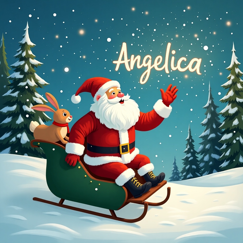 The image depicts Santa Claus in a snowy landscape, joyfully conjuring magical writing in the sky that spells 'Angelica'. He is dressed in a classic red and white suit, sitting in a green sled. A friendly rabbit accompanies him, adding a whimsical touch. Tall evergreen trees dusted with snow create a serene background. The sky is adorned with twinkling stars, enhancing the magical atmosphere. This scene perfectly captures the essence of Christmas and holiday cheer, making it ideal for festive occasions.