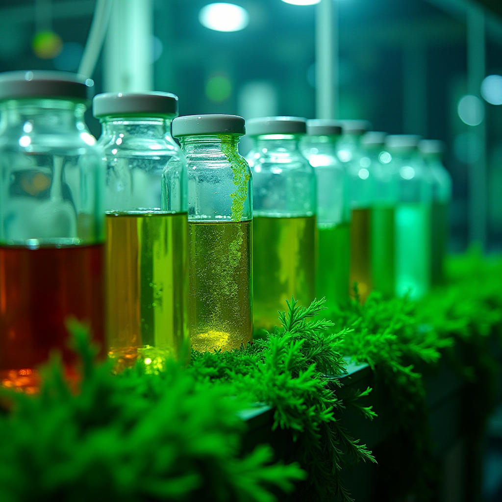 Glass jars filled with colored liquids are lined up with vibrant green plants in the foreground.