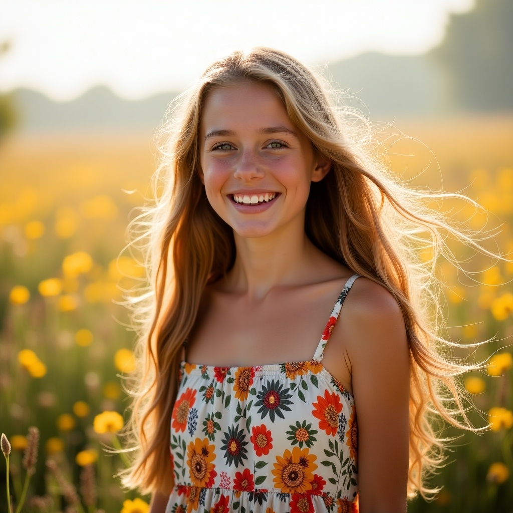 A young girl stands smiling in a sunlit field filled with flowers. She has long, flowing hair and is wearing a floral dress that complements the vibrant surroundings. The background showcases a beautiful countryside landscape bathed in warm sunlight. The atmosphere is cheerful and youthful, capturing the essence of a carefree summer day. This image radiates happiness and a strong connection to nature.