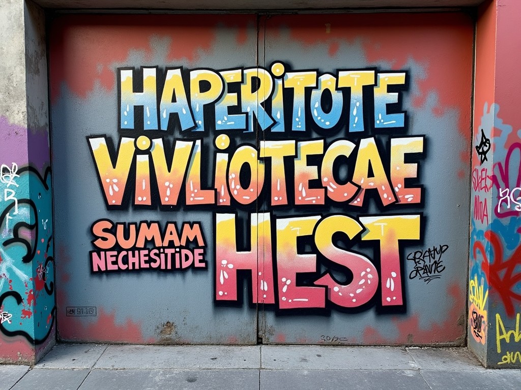 This image features a vibrant graffiti mural on a concrete wall. The main text reads 'haperitote vivliotecae, sumam nechesitudine hest' in bright colors. It showcases a mix of pink, blue, and yellow hues that evoke a youthful and energetic vibe. Surrounding the text are various other graffiti artworks and tags, indicating a lively street art scene. This visual captures the essence of urban creativity and expression in public spaces.