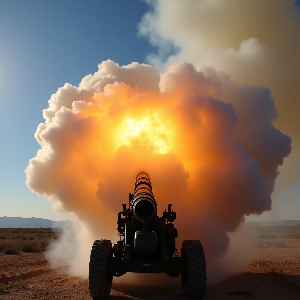 Cannon firing smoke and fire from the barrel. Artillery weapon releasing explosive power. Dramatic scene showing military strength with vivid colors.