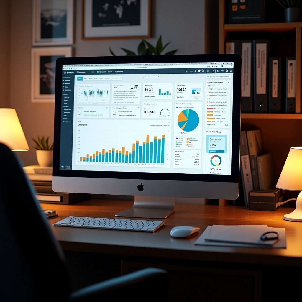 A desktop with an Apple iMac displaying a colorful business analytics dashboard. The workspace is warmly lit with a desk lamp. A notepad and a computer mouse are on the desk, creating a professional atmosphere.