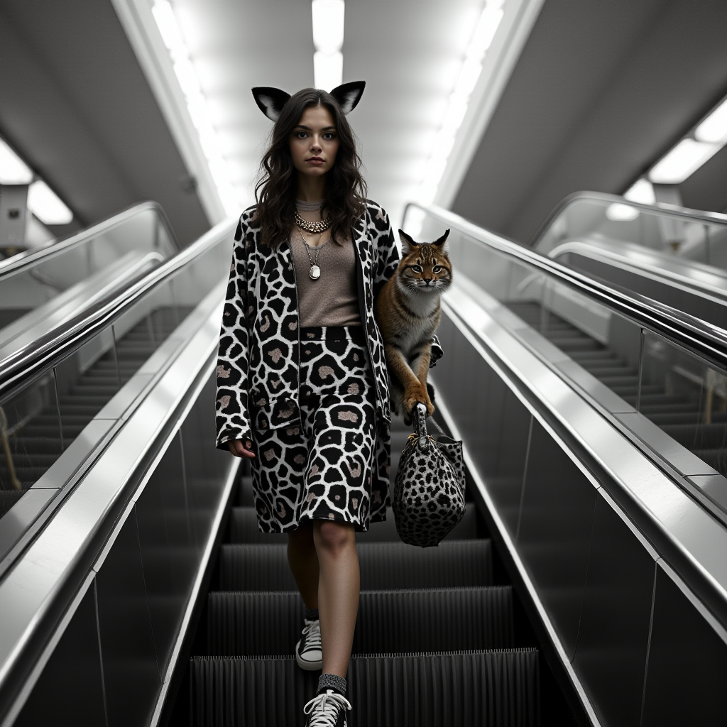 A woman in leopard-print clothing and cat-like accessories descends an escalator, holding a cat and matching handbag.