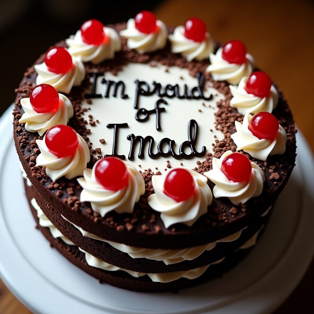 Image features a Black Forest cake. Cake has writing on surface. Decoration includes white frosting and cherries. Chocolate shavings enhance the appearance. Composition captures layers and textures. Toppings add color to dark cake.