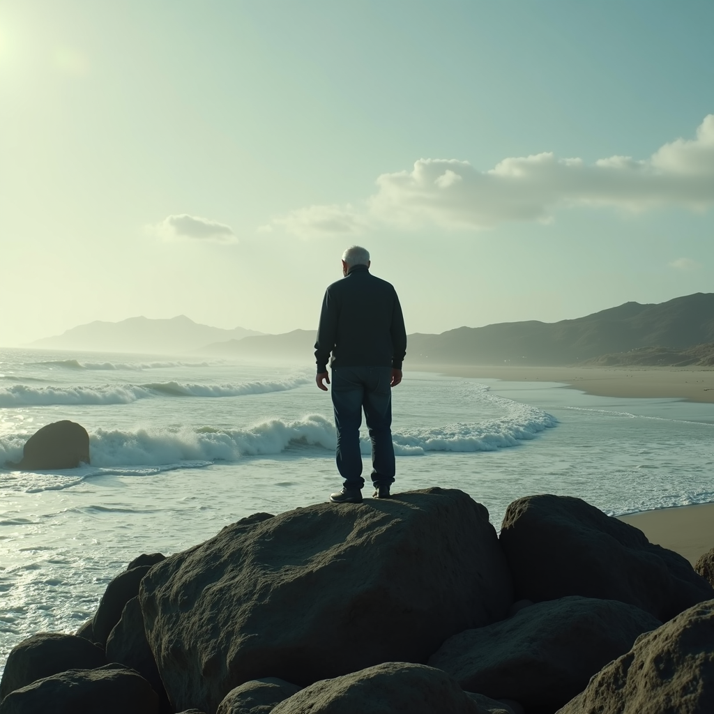 An elderly man stands on a rocky outcrop, gazing out over a tranquil, sunlit ocean with gentle waves rolling onto a deserted beach, framed by distant misty hills.