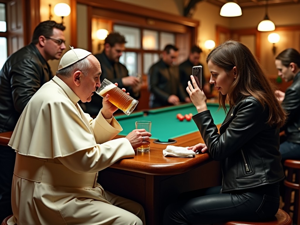 A man dressed as the Pope drinking beer in a pub while being photographed by a young woman, surrounded by people wearing casual outfits.