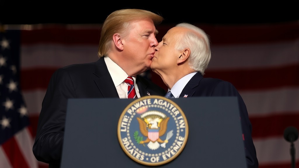 Two prominent figures share an unexpected kiss in front of a podium with the presidential seal.