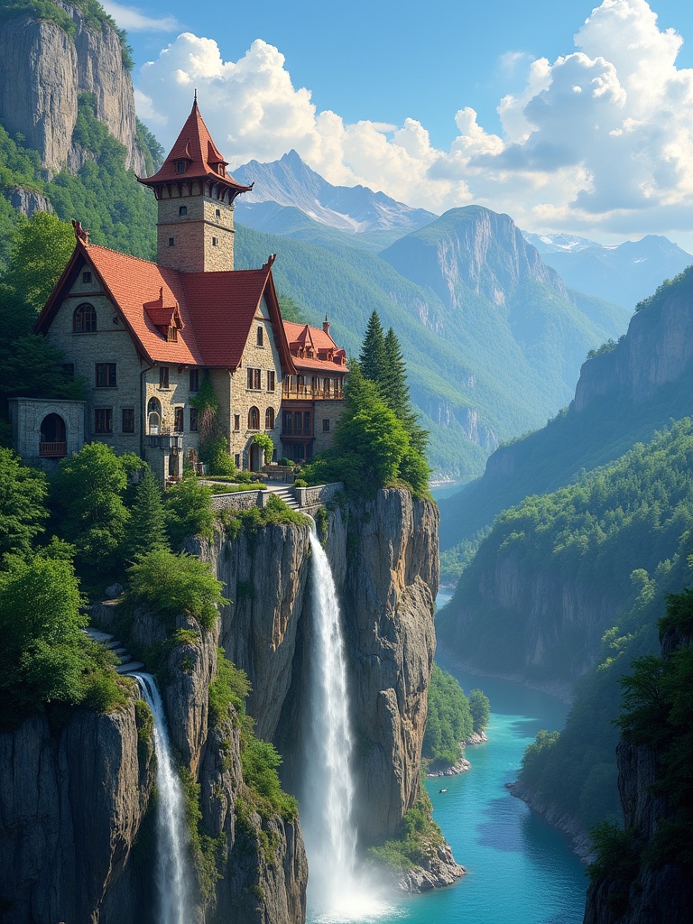 A picturesque house stands on a cliff. The house has a red roof and brickwork. The view from the house overlooks a valley with forests. Waterfalls flow off the cliffs into a blue river. Distant mountains are visible under a blue sky with clouds. The scene is serene and beautiful, resembling a fairy tale.