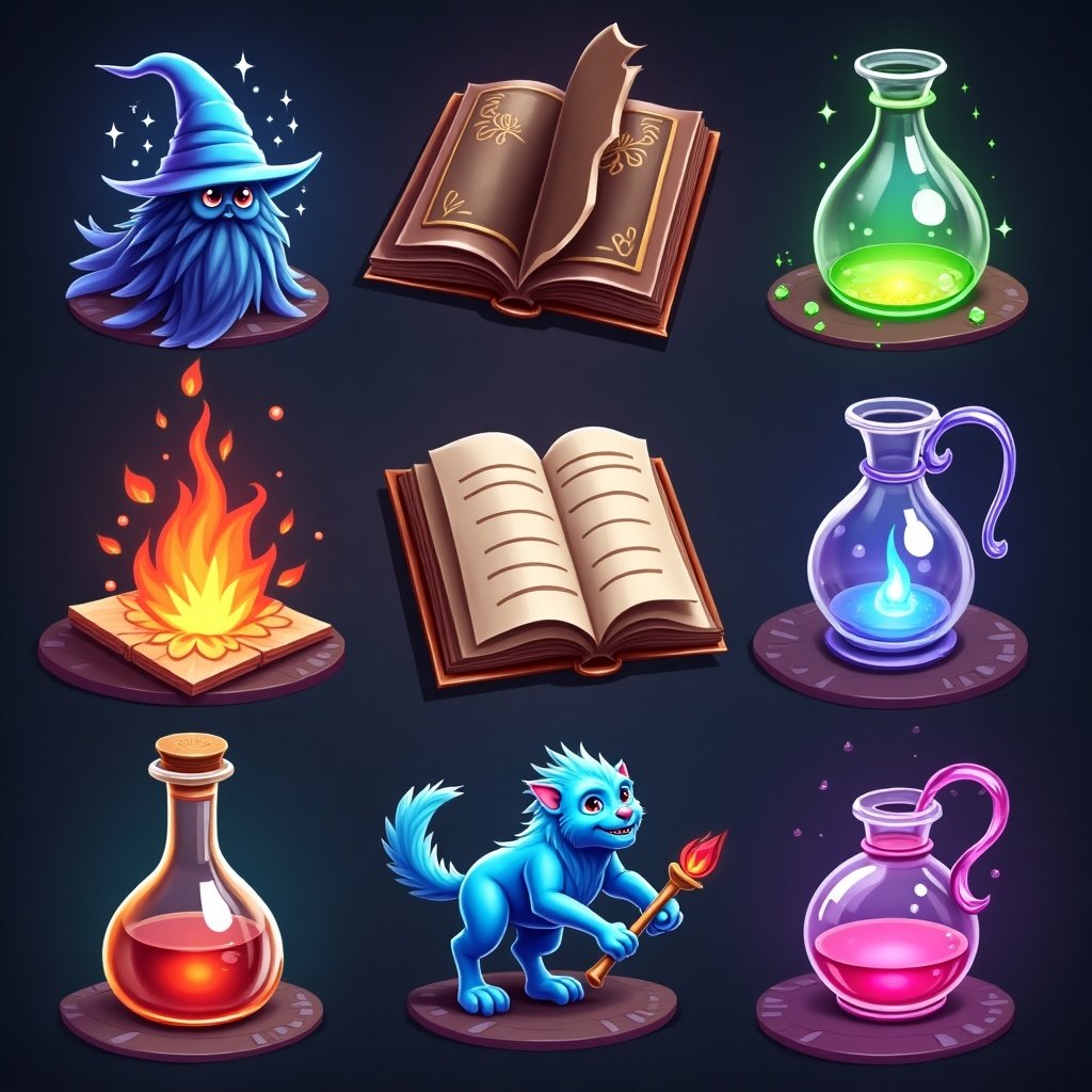 Slot game assets feature a wizard theme. Includes magical creatures, potions, and books. Colorful and vibrant illustrations suitable for fantasy games.