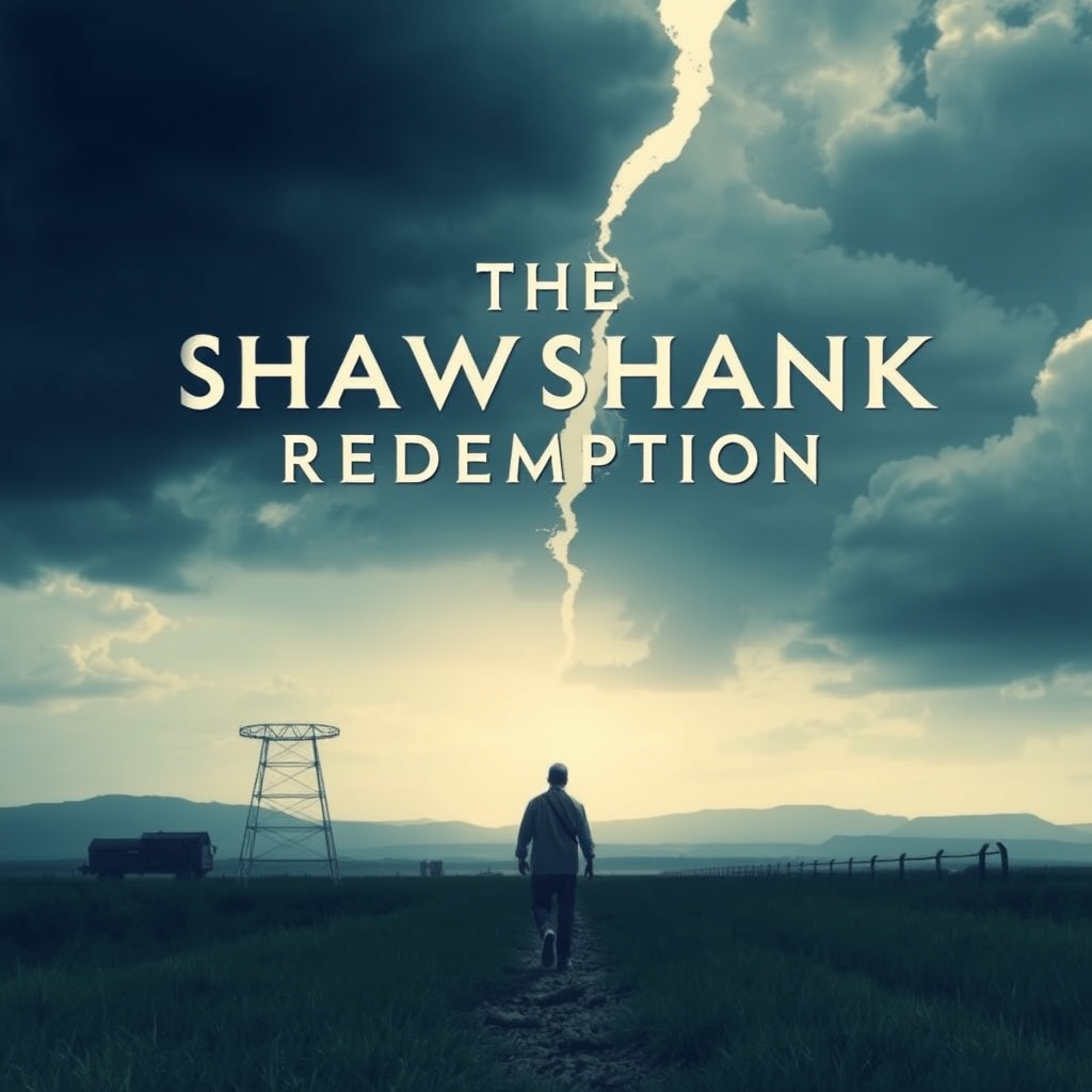 A man walks toward distant mountains under a dramatic cloudy sky, with 'The Shawshank Redemption' title above.