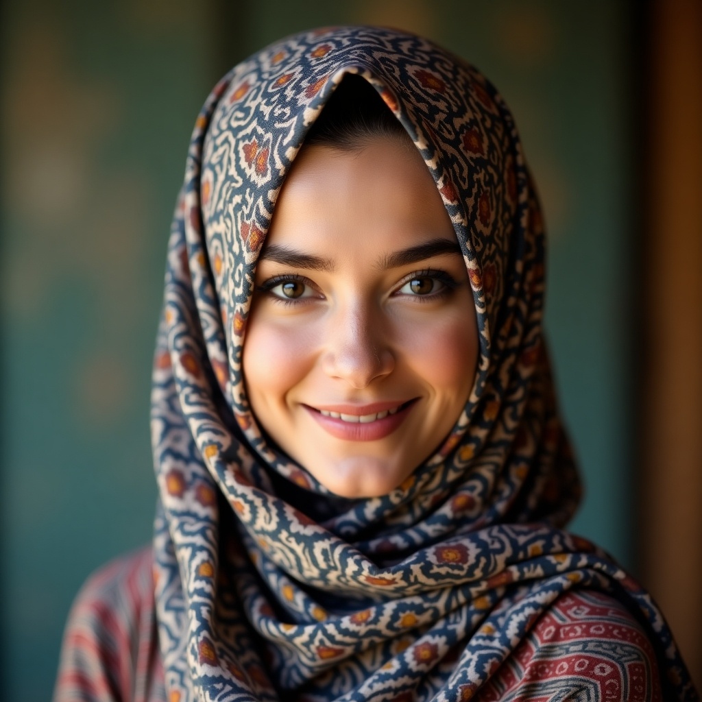 Portrait of a woman wearing a patterned hijab. Smiling softly, with natural lighting. Close-up view highlighting the details of the hijab and facial expressions.