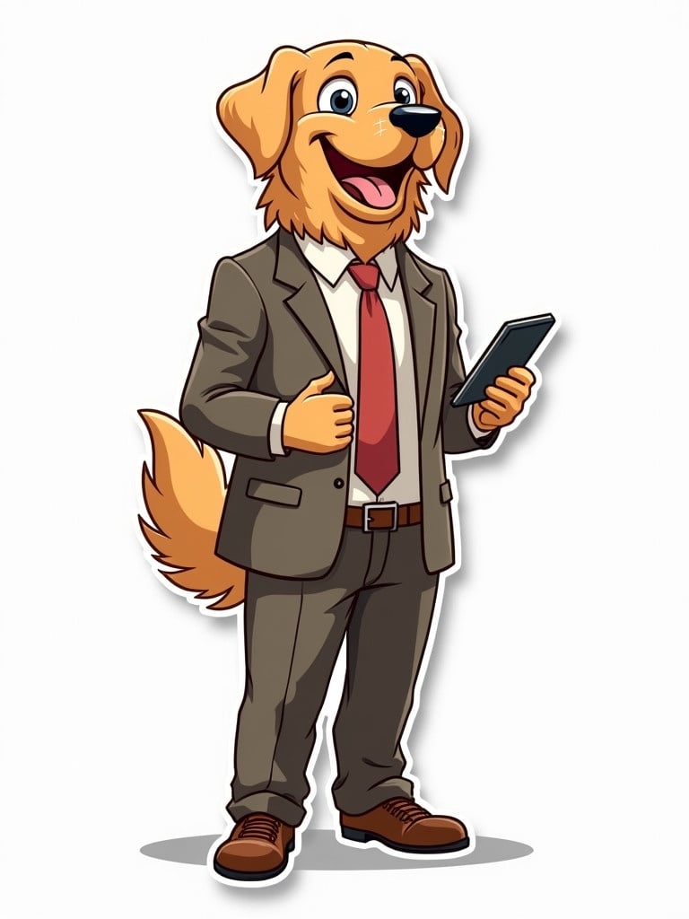 A humanoid Golden Retriever stands in a tailored business suit. The character wears a happy expression while holding a smartphone. The background is plain white, enhancing the character's features. The style is cartoonish with contour detail and vibrant tertiary colors used in the illustration.