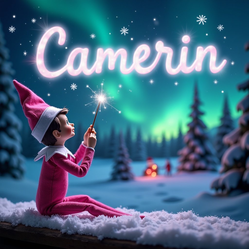 This enchanting image features a pink elf on the shelf, sitting with his back to the viewer while gazing up at the night sky. He uses a wand to create sparkling letters in the air, spelling out 'Camerin'. The background showcases a magical Christmas scene, highlighted by northern lights illuminating the snowy landscape. Soft, colorful lights twinkle around, enhancing the festive atmosphere. Snow-covered trees and a hint of Santa Claus in the background deepen the enchanting winter setting.