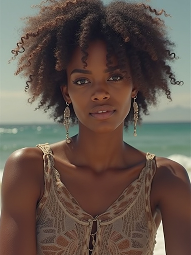 A model wearing a floral patterned beach outfit. The model has curly hair and accessorizes with long earrings. The background features a sunny beach with a blue ocean.