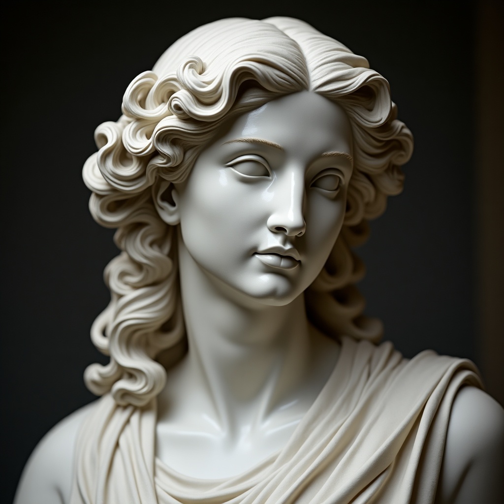 The image shows a detailed marble statue of a woman with wavy hair and a contemplative expression. The statue is meticulously carved, showcasing the craftsmanship of marble sculpture. It has soft lighting that emphasizes the smooth textures and the delicate features of the figure. The statue's expression suggests deep thought, inviting viewers to ponder its meaning. The overall composition creates a serene and reflective atmosphere, perfect for art enthusiasts and collectors.