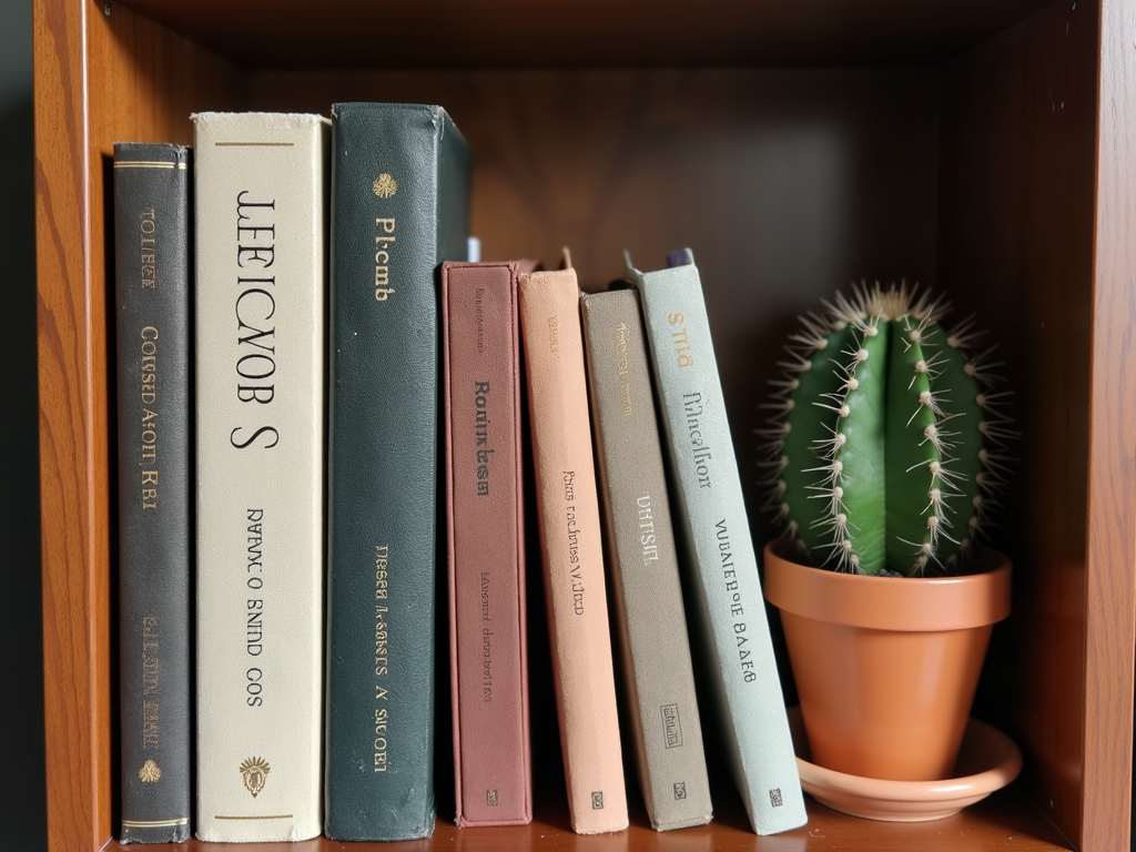 A small wooden bookshelf section containing an assortment of books and a cactus in a terracotta pot.