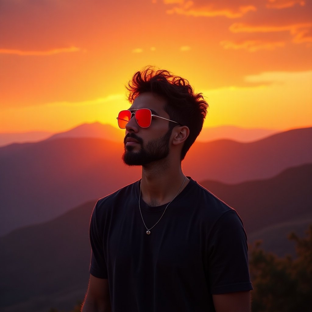 A man stands against a vibrant sunset in a mountainous area. He wears red sunglasses. The mountains create a stunning backdrop. Warm colors dominate the scene.