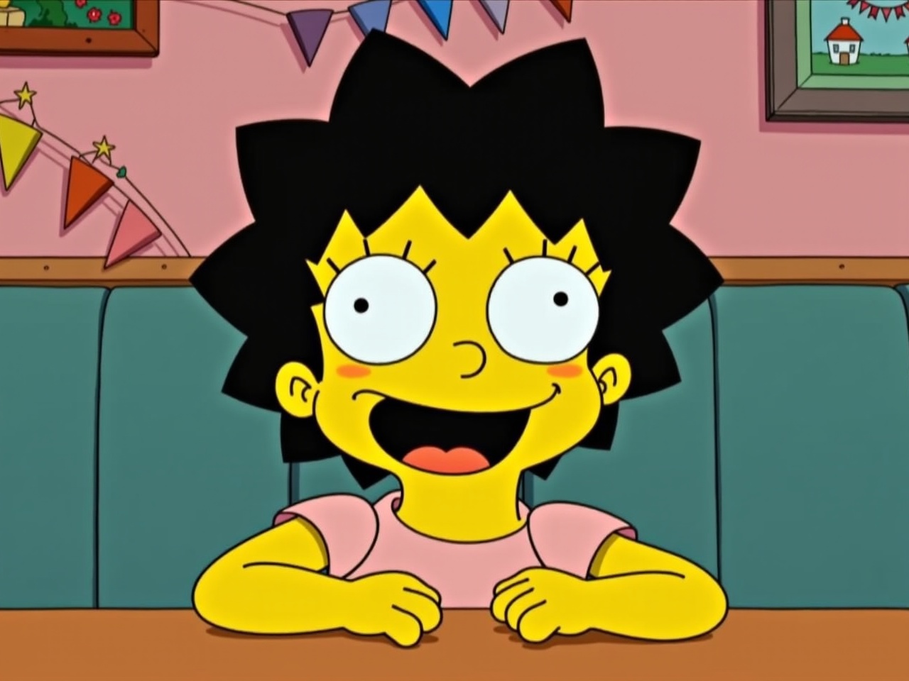 A young child with short black hair and a big smile, exuding joy and excitement. The child is sitting at a table with colorful decorations in the background, possibly a restaurant setting. The character should have cartoonish yellow skin typical to the style of 'The Simpsons'. The expression should be exaggerated, capturing the essence of delight with wide eyes and a big open mouth. The clothing should be simple, resembling a casual outfit. Overall, the scene should be playful and vibrant, fitting into the whimsical world of 'The Simpsons'.