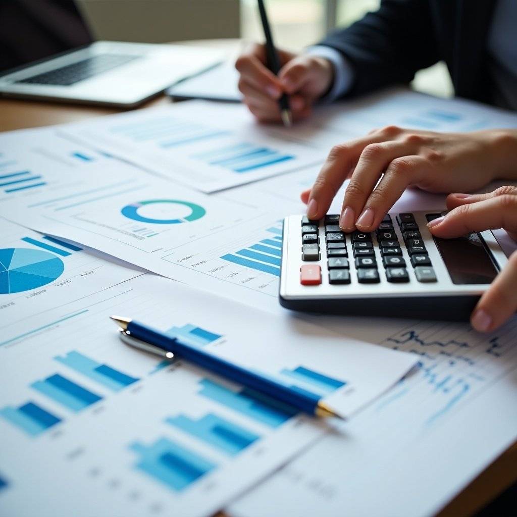 A person works at a desk surrounded by financial documents and a calculator. The person uses the calculator with one hand and writes on a spreadsheet with the other. The desk has charts and graphs, indicating financial analysis.