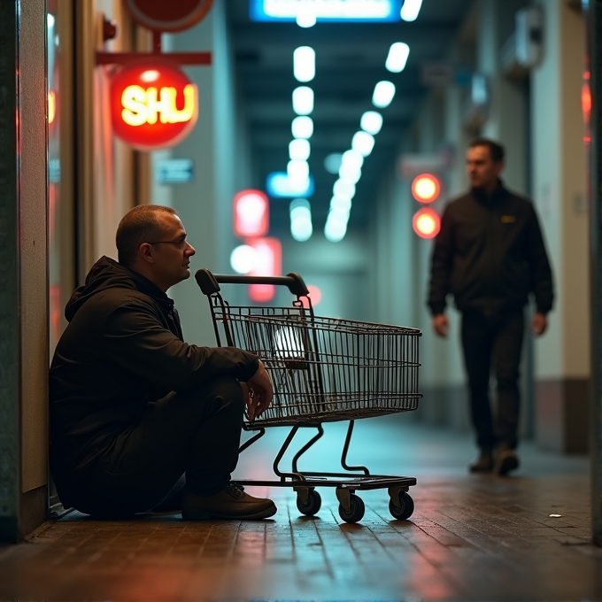 A man sits beside a shopping cart in a dimly lit corridor with glowing signs.