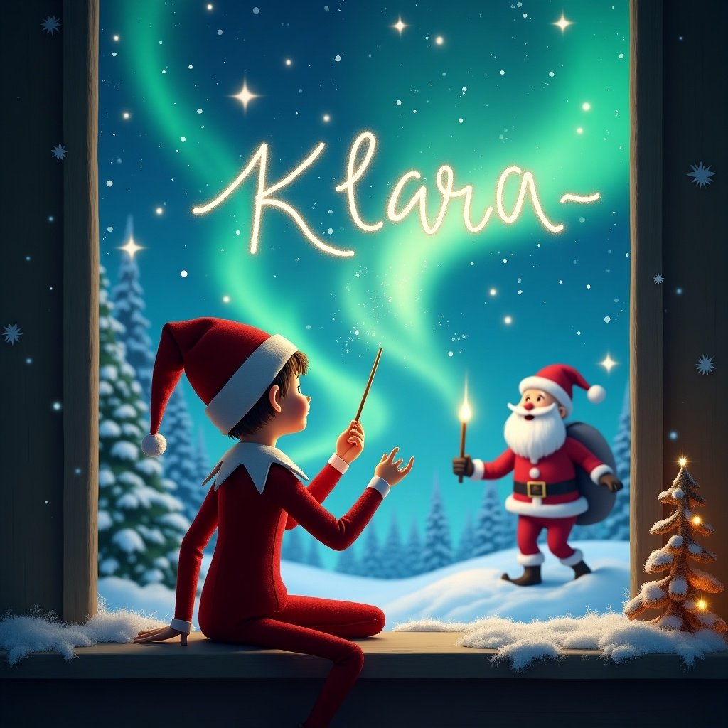 An elf on the shelf writing Klara in the sky with a wand. Background features magical northern lights and Santa. Cozy Christmas atmosphere with snow.