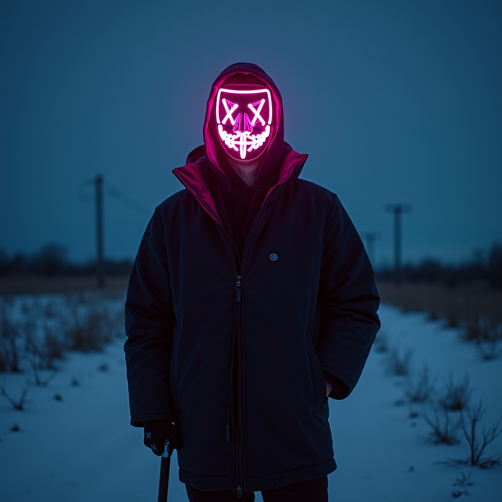 A mysterious figure in a neon mask stands on a snow-covered path at dusk.