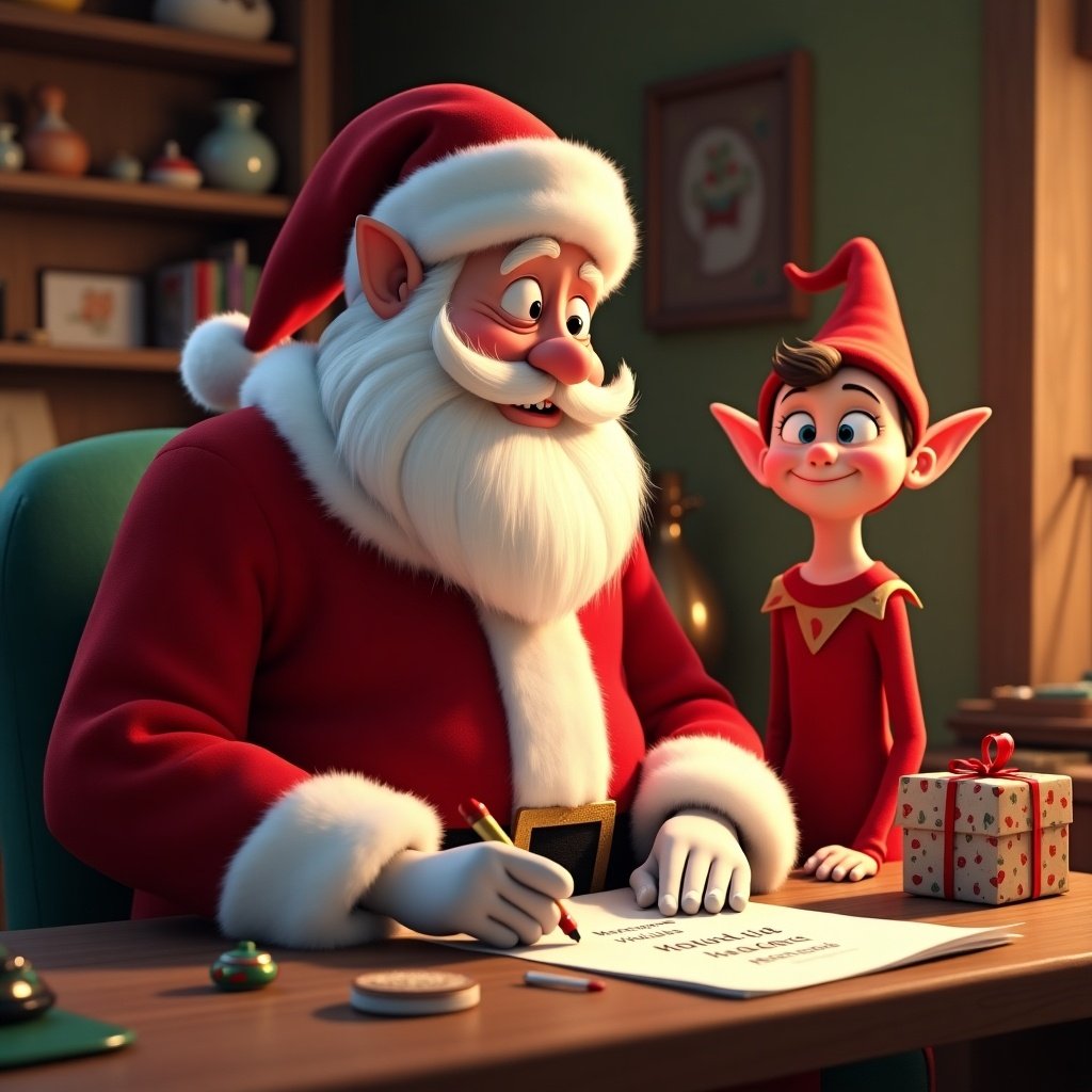 Santa Claus in red suit writing a letter in his toy workshop. Elf in red suit whispers in Santa's ear. Scene filled with holiday joy. Background includes toys and decorations.