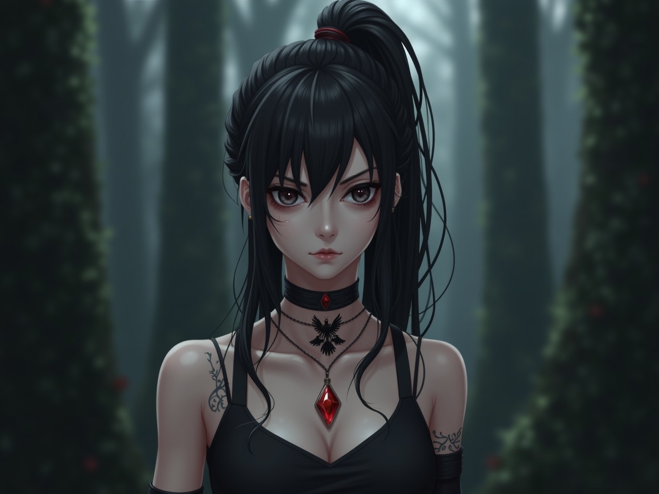 The image depicts a fantasy-inspired character with a serious expression. She resembles an anime character brought to life, featuring long black hair styled in a ponytail. Her dark eyes carry a mysterious look accentuated by scar-like marks on her face. She wears a sleeveless black top paired with fingerless gloves, and an abstract tattoo is visible near her collarbone. A striking red gemstone pendant with a crow detail adorns her neck. The background is a blurred, mystical forest that enhances the dark and elegant atmosphere, evoking a strong fantasy vibe.