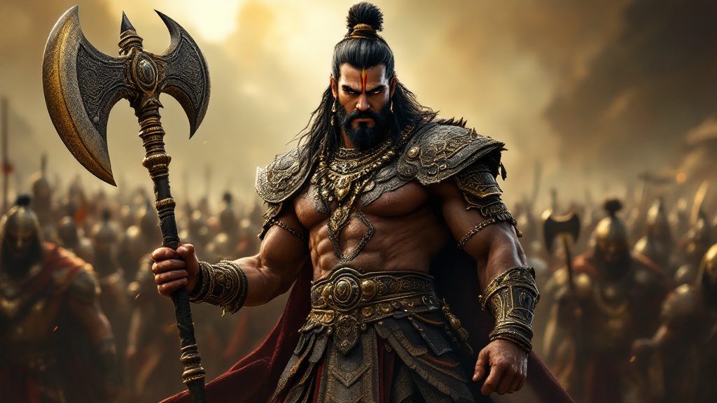 Ultra HD image of a muscular warrior dressed in black and golden armor. The warrior holds a massive mace. The expression reflects arrogance and determination. The background features a large army.