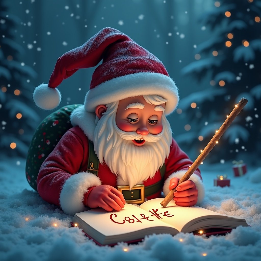 Santa is in a snowy environment. He is writing the name Colette with a glowing stick. The atmosphere is magical for Christmas with falling snowflakes. Soft lights create a festive mood.