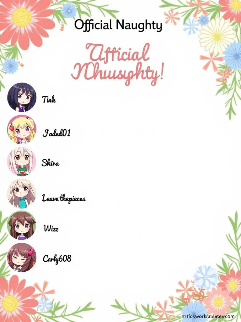 A colorful illustration depicts an official Naughty list. Names are Tink, Jaded01, Shira, Leave the pieces, Wizz, Carly608, and Kylarz. Character illustrations accompany each name. Title reads Official Naughty. Background is decorated with flowers.