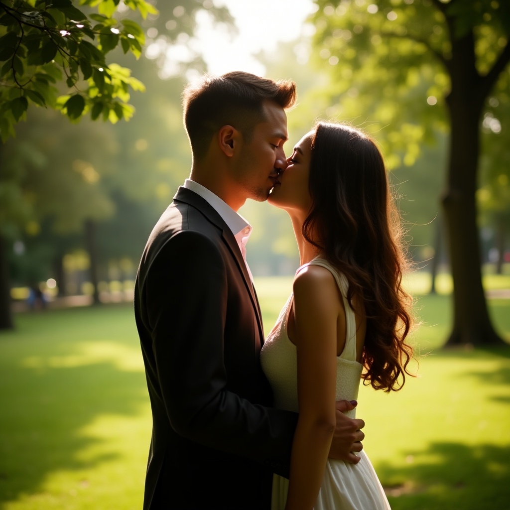 A couple is captured in a beautiful moment of romance, sharing a kiss in a lush green park. The setting is serene, with bright green grass and sunlight filtering through the trees, giving a magical glow to the scene. The couple's expressions reflect deep affection and connection. This moment is intimate, highlighting their love against a picturesque backdrop. The soft daylight enhances the romantic atmosphere, making it perfect for engagement or wedding photography.