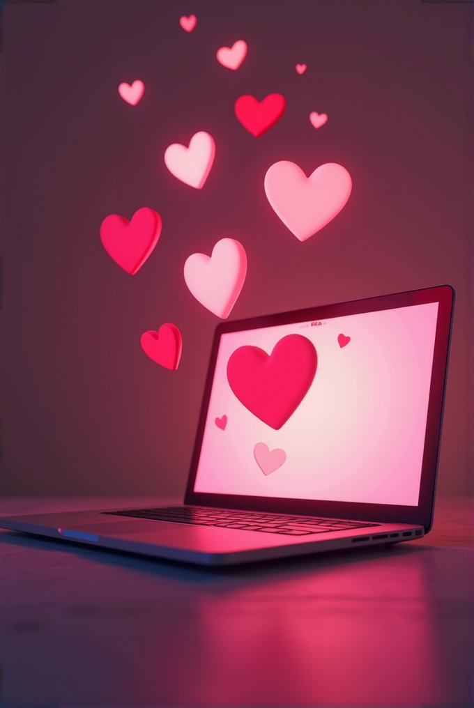 A laptop with glowing pink hearts floating out of the screen.