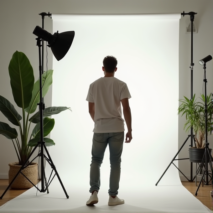 A man stands facing a white backdrop in a photography studio, surrounded by two plants and studio lighting equipment.